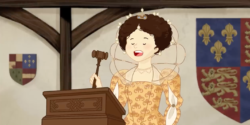 A white woman in Elizabethan costume with brown curly hair holds a gavel as if she is about to begin a meeting.